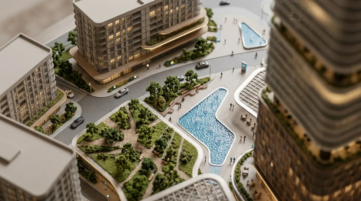 Scale model, landscaped courtyard and pool