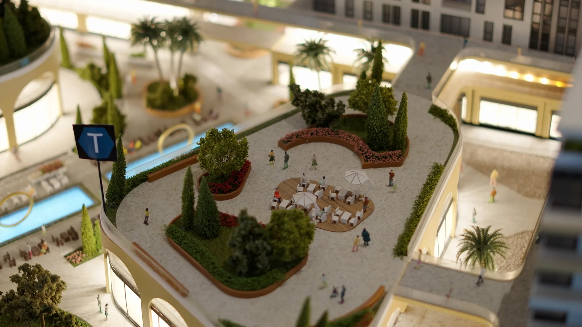 Close-up of the model's landscaped plaza