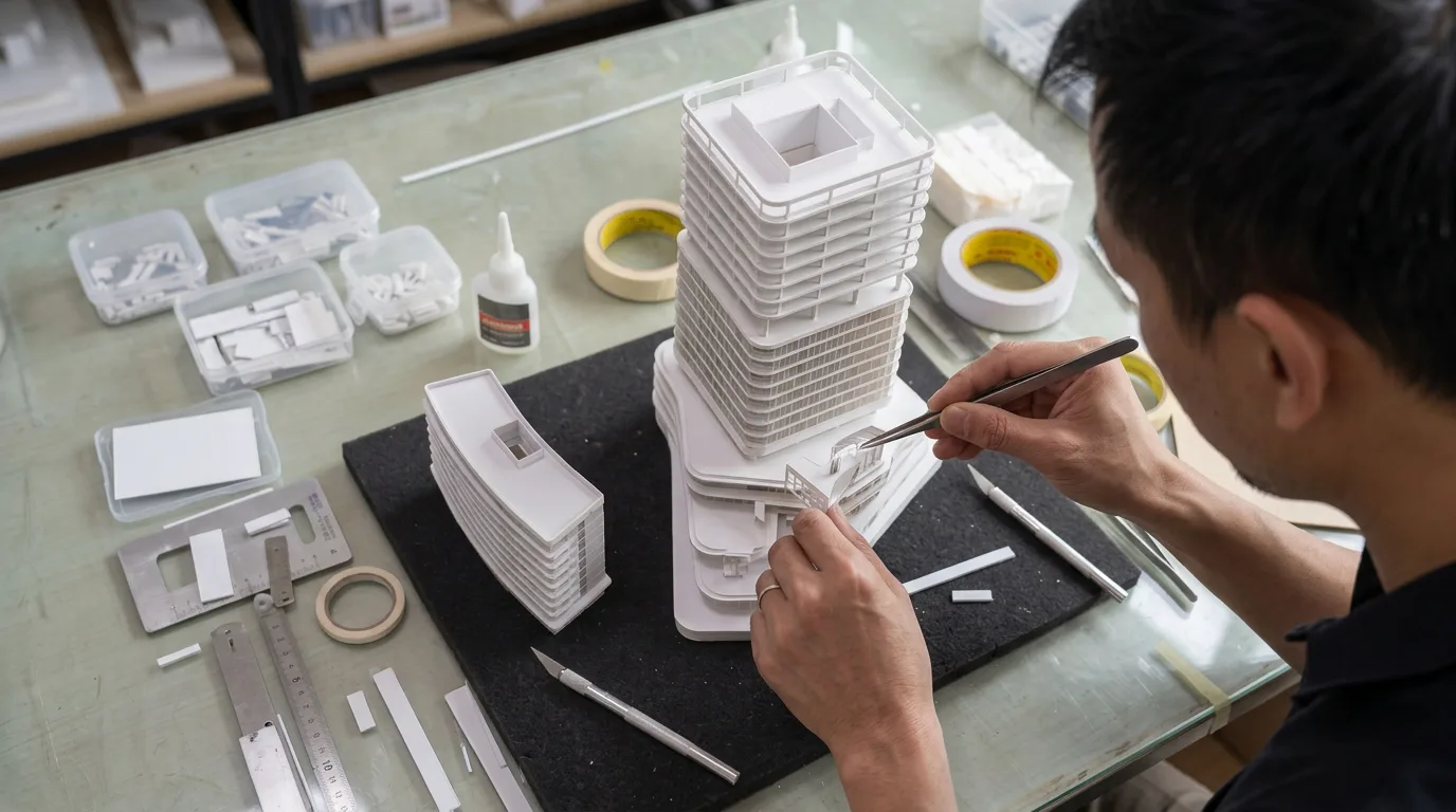 Model maker assembling a building of the scale model