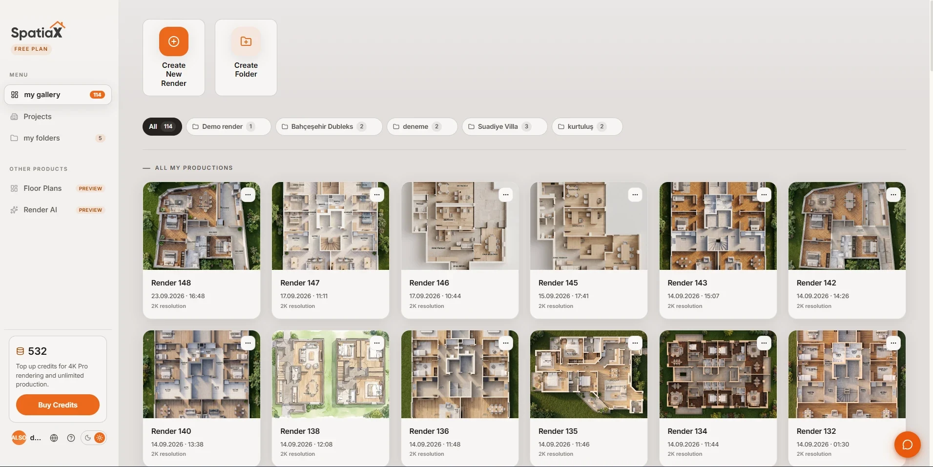 The SpatiaX gallery with the team's renders and project folders