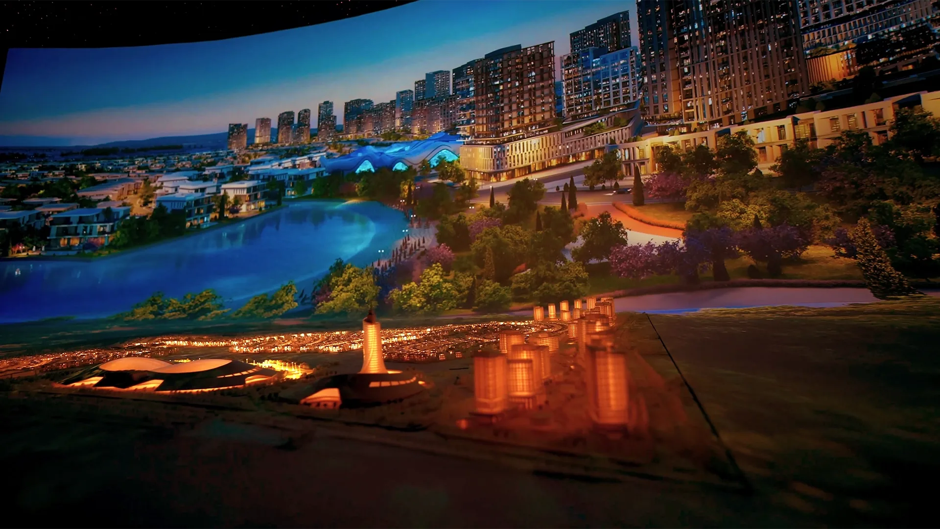 Scale model lit in sync with the projected night scene