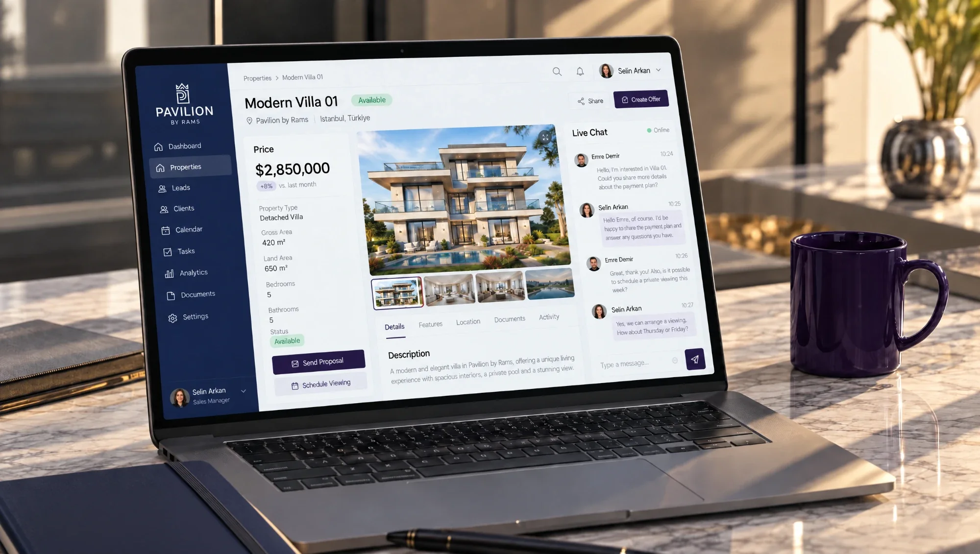 The project's CRM with a villa's details, availability and a live buyer chat