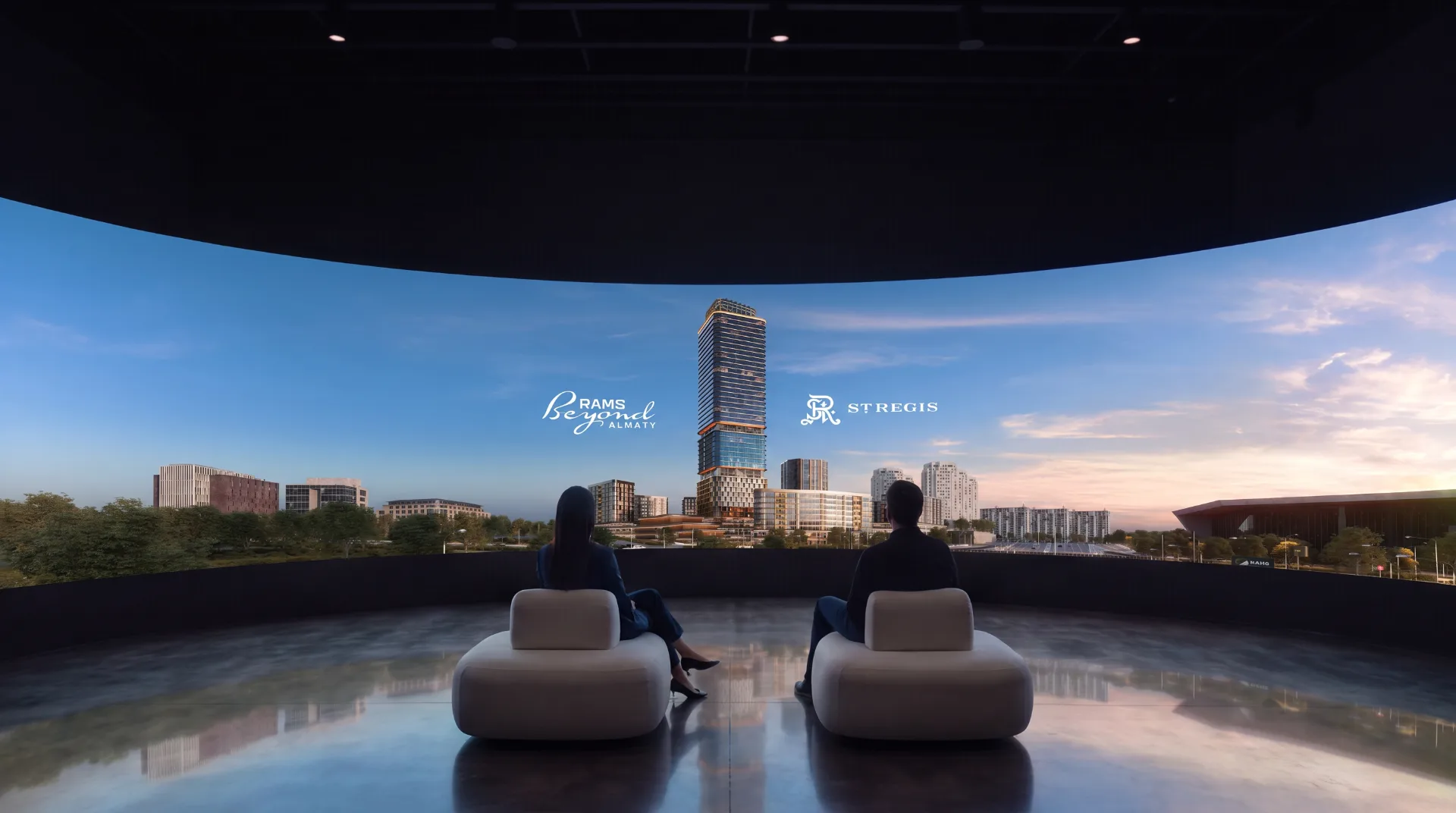 Immersive showroom, tower skyline on the screen