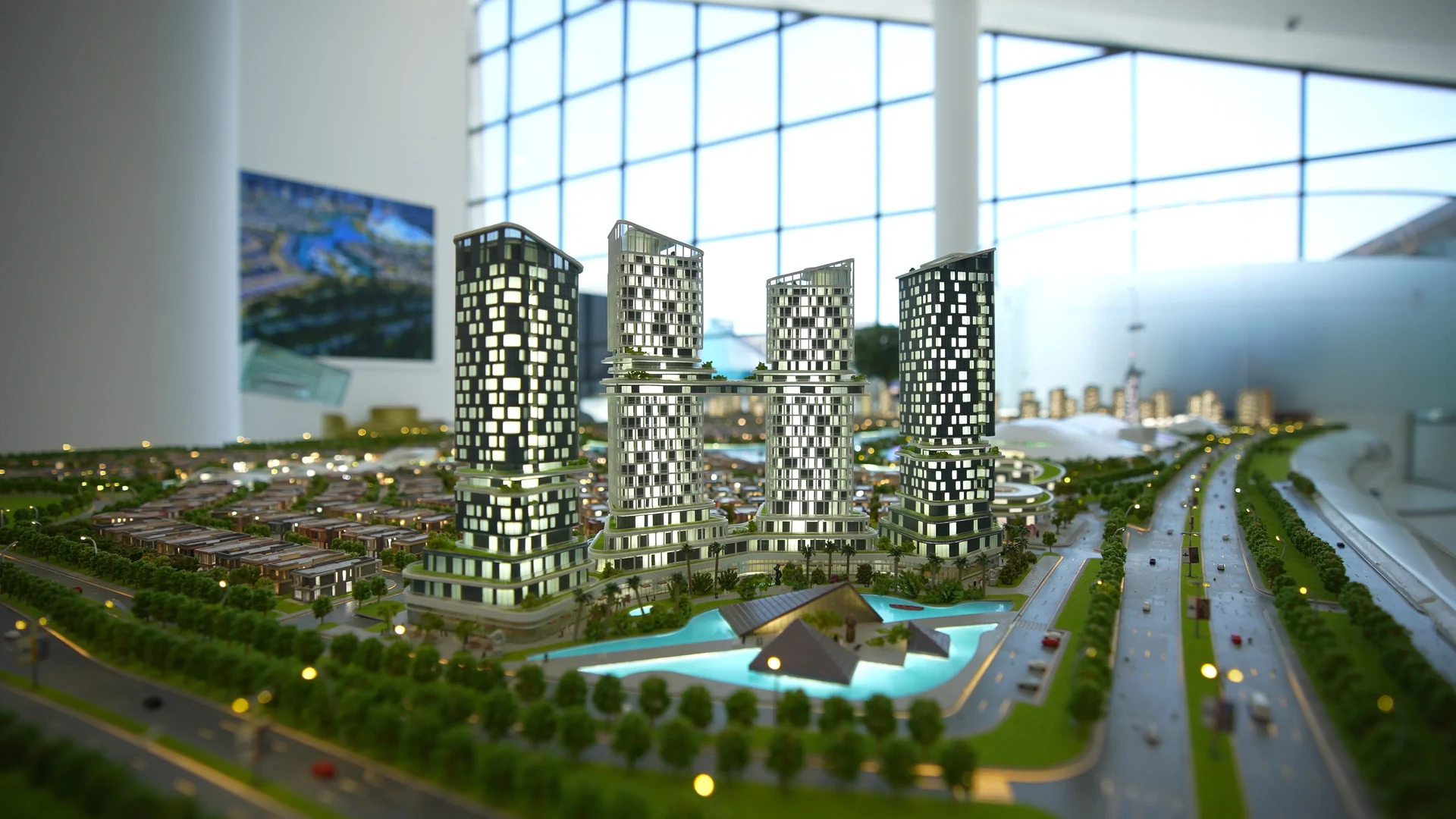 Illuminated towers on the Pavilion by RAMS scale model