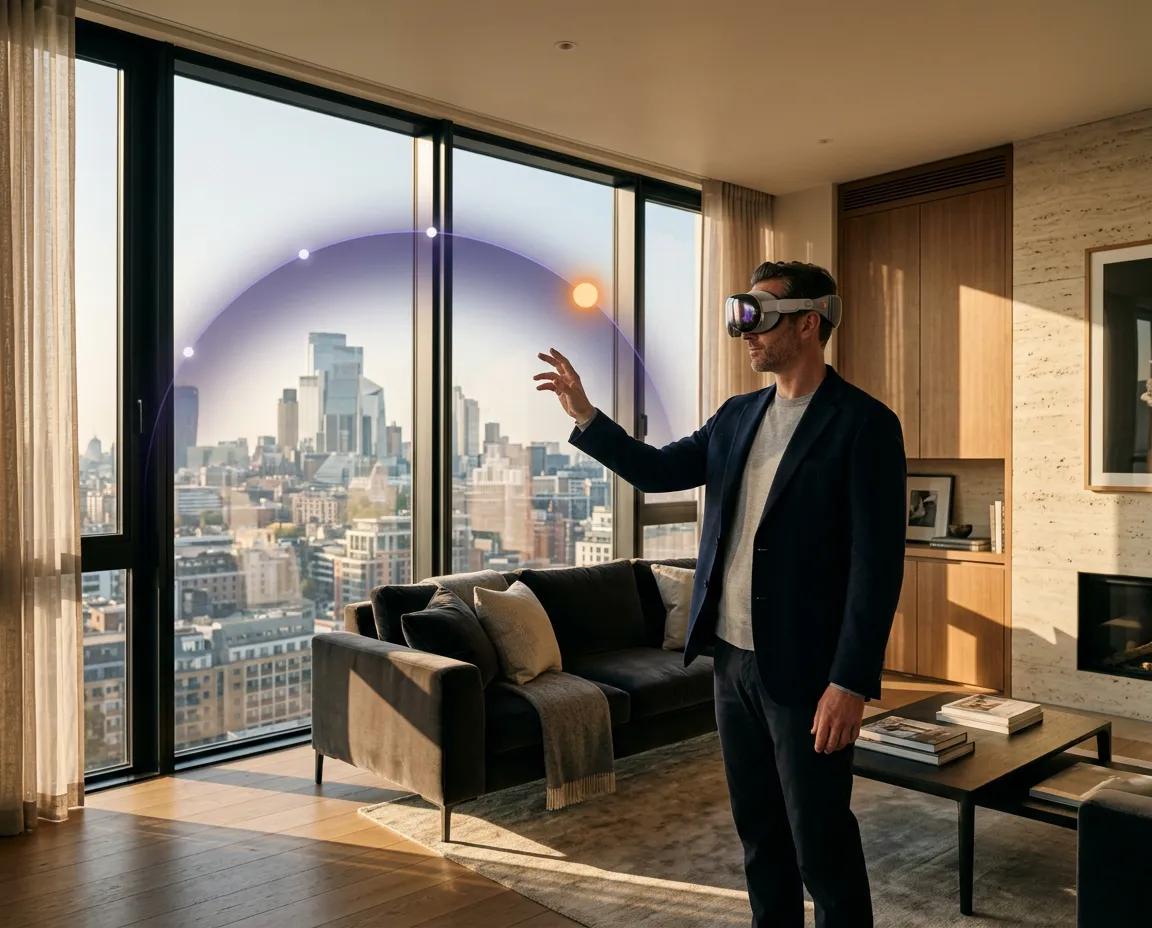 Man exploring a mixed reality view in an apartment