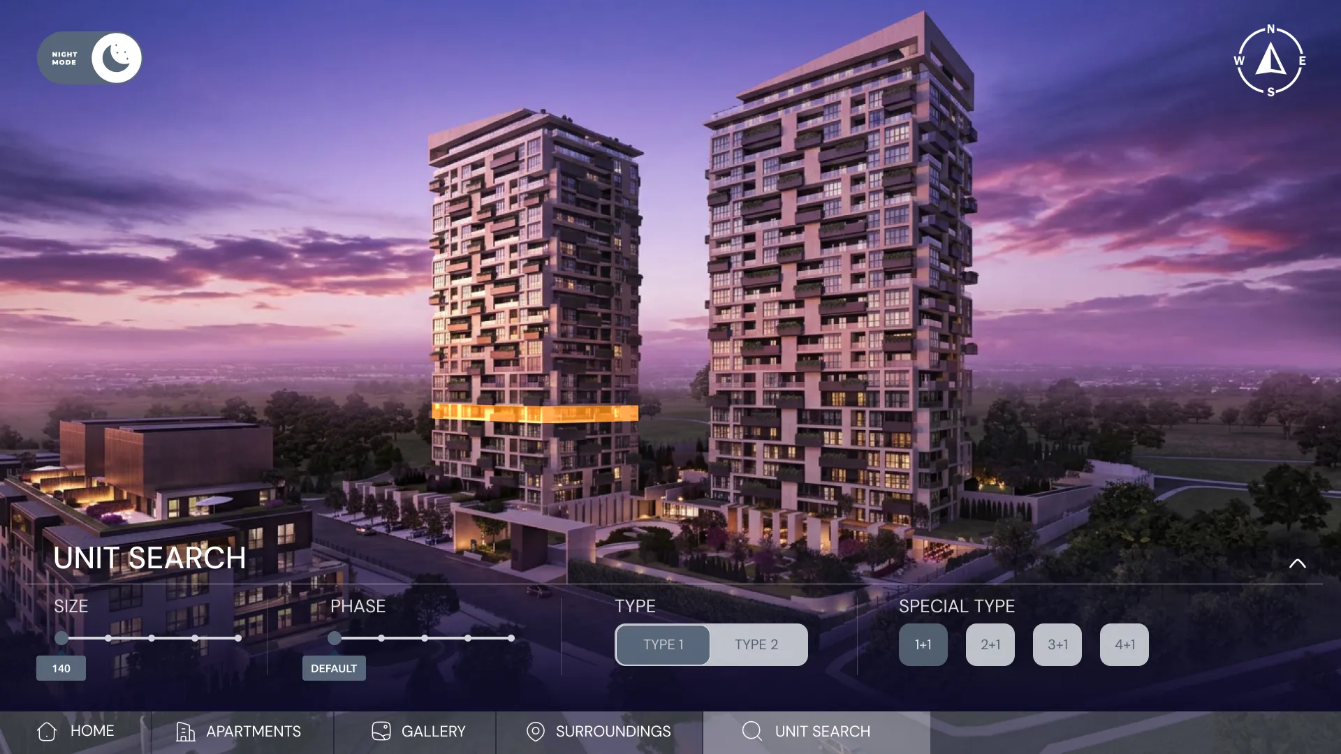 Next Level towers at dusk in the unit search