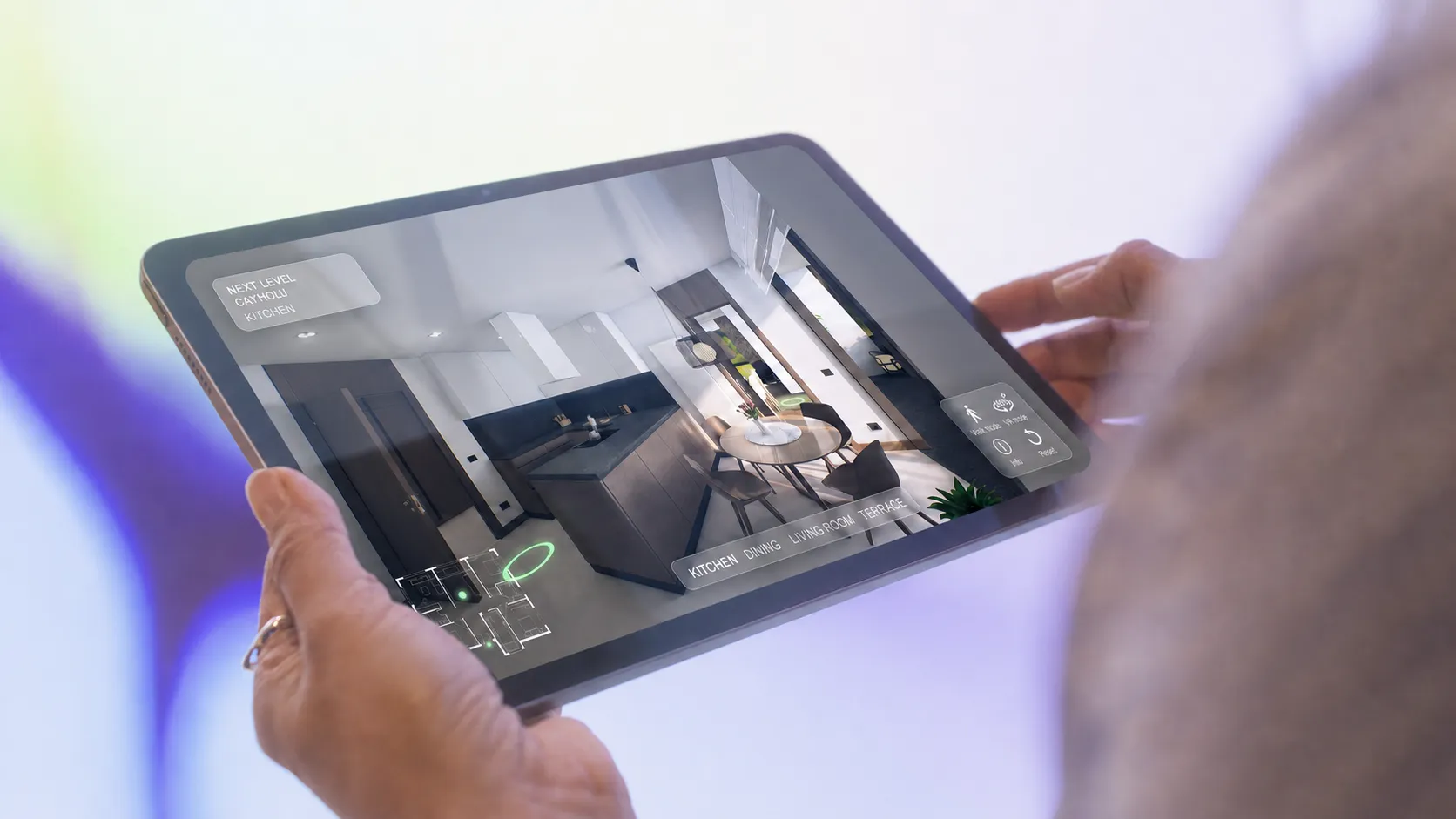 Exploring a kitchen in the interior configurator on a tablet