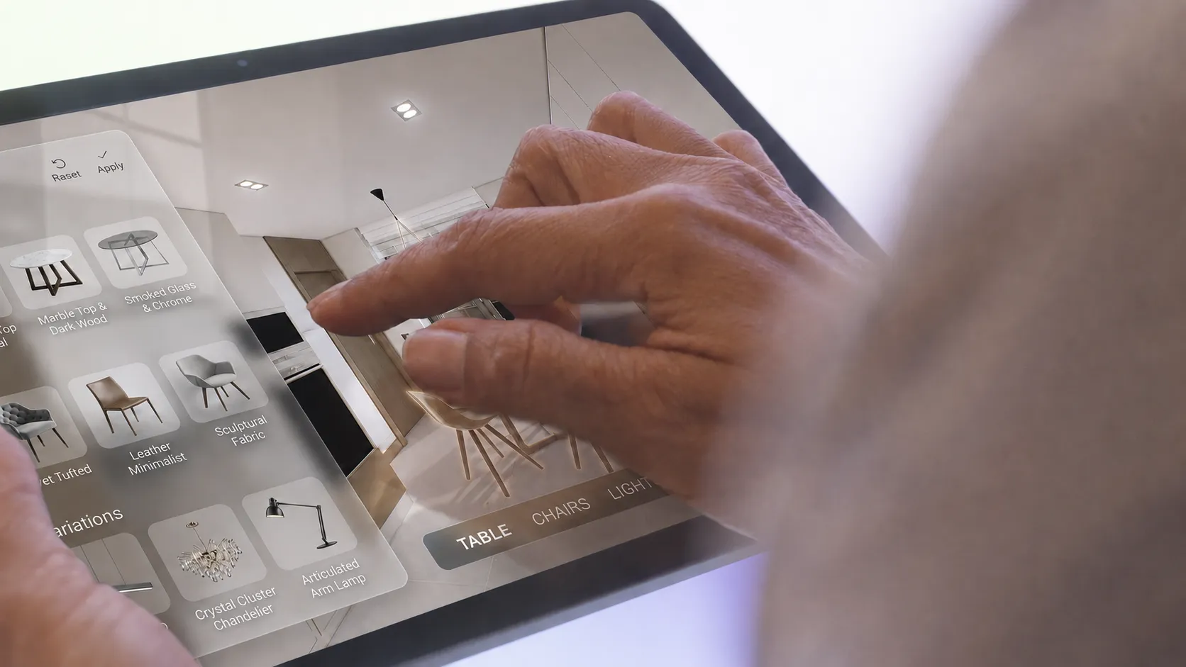 Choosing furniture in the interior configurator on a tablet
