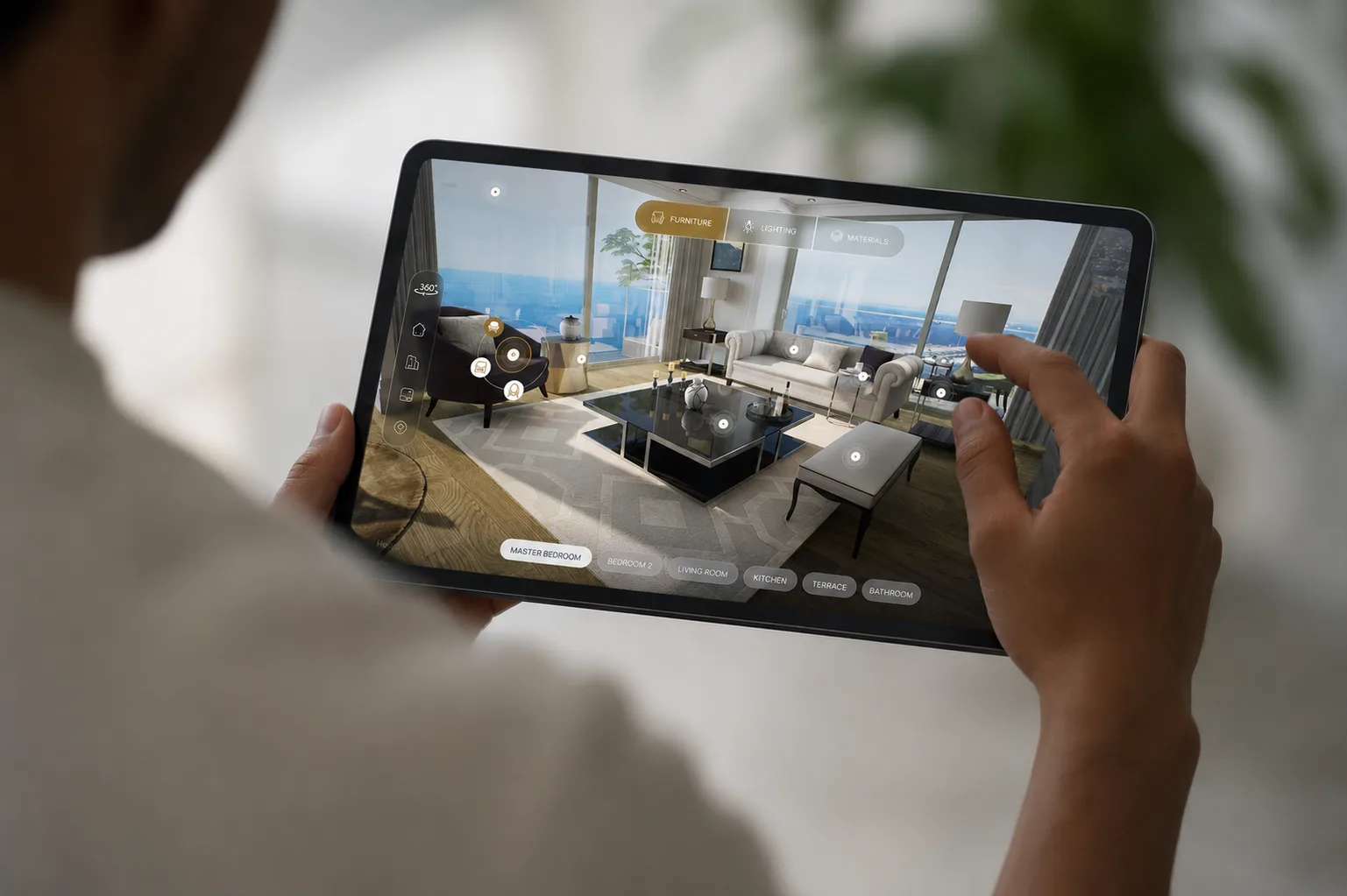 Furnishing a Büyükyalı living room in the interior configurator on an iPad