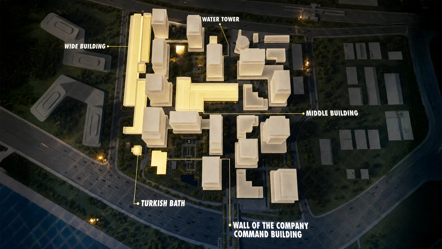 Illuminated buildings and labelled zones on the model