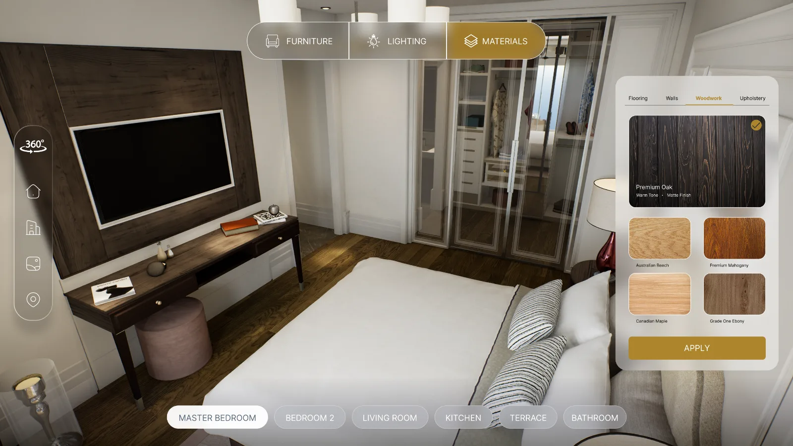 Material options for the master bedroom in the interior configurator