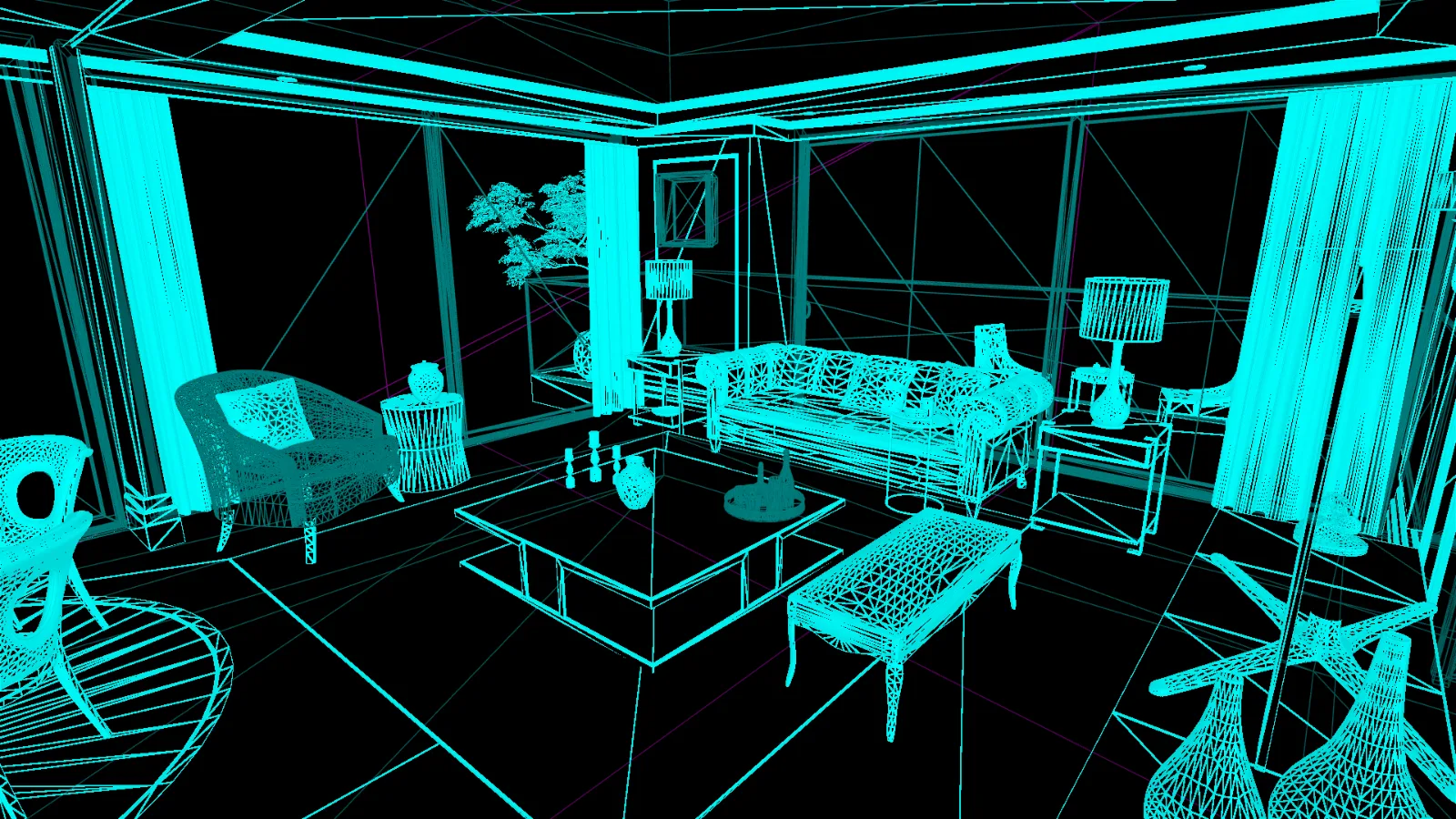 Wireframe view of a living room in the digital twin